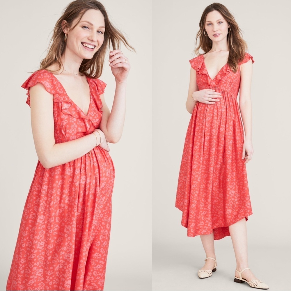 HATCH • The Briana Midi Dress Strawberry Pink Floral Silk 0 Maternity XS Ruffle